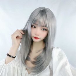 Hair Lace Wigs Grandma Grey Women's Medium Air Bangs ita Long Straight Hair ffy Face Trimming Chemical Fibre Wig Head Cover