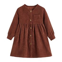 Girl's Dresses Infant Kids Baby Girls Casual Long Sleeve Fashion Solid Color Round Neck Single-breasted A-line 2-7T 221107