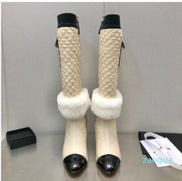 2022 Boots Fashion Genuine Leather Mixed Color Warm Fur Woman Knee High Booties Runway Outfit Chunky High Heels Bota Party Dress Bota Female 41