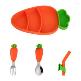 Bowls 4Pcs Baby Silicone Cutlery Sucker Stainless Steel Spoon & Fork Set Kids Non-Slip Feeding BPA Free