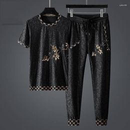 Men's Tracksuits Chinese Style Jacquard Mercerized Sports Suit Men's Summer Loose Large Fashion Bird Patch Embroidered