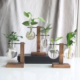 Vases Hydroponic Plant Glass Container Simple And Creative Transparent Vase Wood Frame Design Home Living Room Desktop Decoration 221108