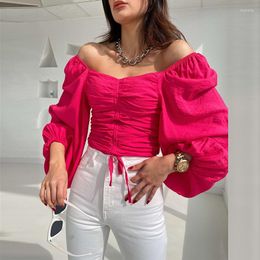 Women's Blouses Women Elegant Slash Neck Drawstring Lace-up Blouse Fashion Solid Off Shoulder Pleated Tops Ladies Autumn Lantern Sleeve