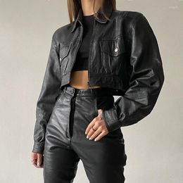 Women's Jackets Harajuku Zip Up Black Y2K PU Leather Crop Jacket Coat Women Autumn Streetwear Loose Lapel Long Sleeve Outerwear Korean