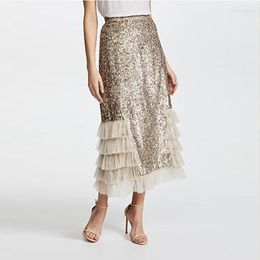 Skirts Sexy Women High Waist Party Ankle Length Sequin Skirt A Line Saia Tulle Ruffle Womens Fashion Style Ladies Custom