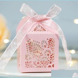 Geschenkverpackung Geschenkverpackung Hollow Lace Boxes Verpackung für Boutique Festival Hochzeit Rosa Candy Storage Box mit Bändern Drop Lieferung Home Dhu0d