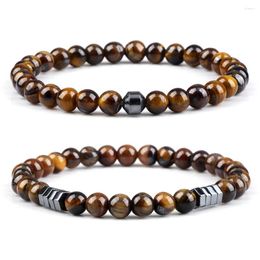 Strand 6mm Natural Tiger Eye Beaded Stretch Bracelets Trendy Men Black Lava Onyx Hematite Cylinder Women Yoga Fitness Jewellery