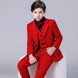 Flower Boys Red Wedding Suit Kids Party Photograph Set Teenager Formal Birthday Tuxedo Dress Children Graduation Show Costume