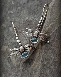 Silver Women's Dragonfly Earrings Inlaid with Blue Stones Dangle Earrings for Women Party