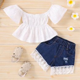 Clothing Sets 0-24M Toddler Baby Girl Summer Clothes Set Solid Colour Short Sleeve Boat Neck Tops Lace Patchwork Denim Shorts