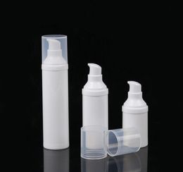 200pcs Emulsion Lotion Airless Pump Bottles With Clear Cap White Empty Plastic Cosmetic Sample Containers 15ml 30ml 50ml