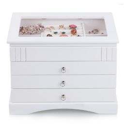 Storage Boxes Large Size Wooden Jewellery Box Top Glass Girl Ring Earring Bracelet 3 Drawers Display Suitcase