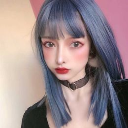 Hair Lace Wigs Haze Blue Women's Clavicular Temperament Repair Face Medium Long Straight Hair Chemical Fiber Wig Headcover