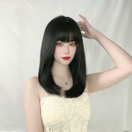 Hair Lace Wigs Japan and South Korea Wig Women's Air Bangs Medium Long Straight Pear Flower Head Inner Buckle Chemical Fibre Hair Set