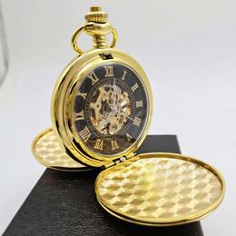 Pocket Watches Luxury Dual Open Case Vintage Gold Mechanical Watch For Men Women Skeleton Dial Roman Numeral Man Fob Chain Pendant Clock