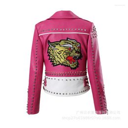 Women's Leather Spring And Autumn Pink Jackets For Women Tiger Embroidered Faux Moto PU Jacket Coat With Rivets