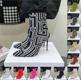 Designer Herbst Winter Socken Ferse Stiefel Mode Sexy Gestrickte elastische Alphabetische Damenschuhe Dame Brief Dicke High Heels ihr Cowskin-Schuh