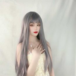 Hair Lace Wigs Net Red Live Broadcast Female Japan and South Korea Air Bangs Long Straight Hair Chemical Fiber Headgear s Color Wig