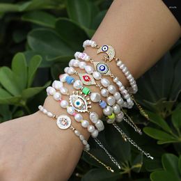 Charm Bracelets 5pcs Jewellery Boho Letter Natural Freshwater Pearl Beaded Plastic Elastic Rope CZ Connector Unisex Bracelet For Women Gift