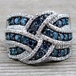 Cluster Rings Blue Zircon Stone Band Silver Color Big For Women Wedding Engagement Fashion Jewelry 2022