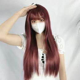 Hair Lace Wigs Japane and Kwai Wine Long Straight Hair Qi Liu Hai Dyed Chemical Fiber Head Net Red Live Broadcast