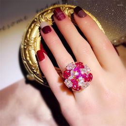 Cluster Rings Women S925 Original Multi-layer Red Flower Rotatable Open Ring Hyperbole Cubic Zirconia Index Finger Fine Jewellery