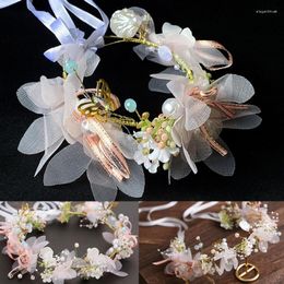 Headpieces Bride Princess Artificial Flower Garland Head Crown With Adjustable Ribbon Wedding Holiday Hair Wreath Halo Tiara Headband