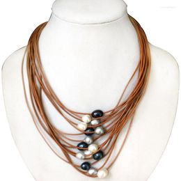 Pendant Necklaces 17-24 Inches 15 Rows Customised Women Coffee Natural Leather Multicolor Oval Pearl Necklace