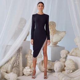 Party Dresses Black Cocktail Dress Long Sleeves O Neck Asymmetrical Short Gown Sheath Length Bead Tassel Simple Sexy