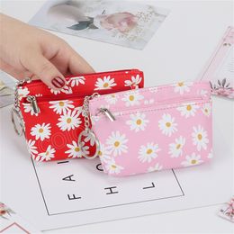 Fashion White Small Daisy Coin Purse PU Leather Flower Short Double Zipper Small Bag Female Card Holder with Silver Key Ring