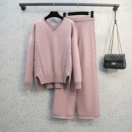 Women's Two Piece Pants Knit Sport Suits Women Pieces Sets Sweater Female Solid V-Neck Pullover Ladies Casual Knitted Outwear