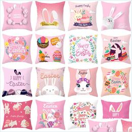 Pillow Case Easter Cushion Er 18X18 Inch Pink Happy Rabbit Egg Printed Pillow Case Home Sofa Decor Drop Delivery Garden Textiles Bed Dhary