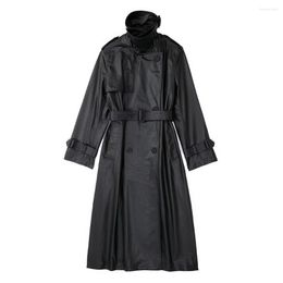 Women's Trench Coats DiYiG Women's 2022 Fashion Faux Leather Coat With A Belt Streetwear Casual Double Breasted Loose Long Overcoat