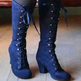 Women Boots New Square Head Front Lace Up Thick Heel Side Zipper Boot 07091011