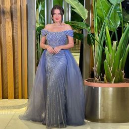 Brilliant Beading Evening Dresses Off the Shoulder Mermaid Gala Celebrity Gown Glitter Detachable Train Vestido de novia