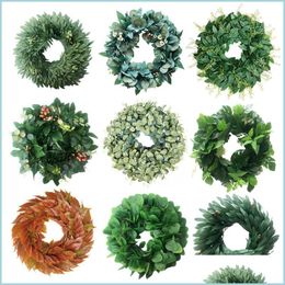 Decorative Flowers Wreaths Eucalyptus Wreath Fern Leaf Creeper Ginkgo Round Green Plant Rattan Garland Home Office Wall Decoration Dhj2Q