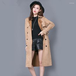 Women's Trench Coats Plus Size 6XL Suede Coat For Women Spring Double Breasted Female Long Casual Overcoat Windbreaker Elegant Outwear