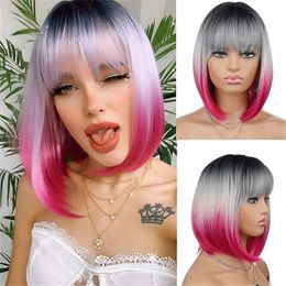 Colored Bob Wigs With Bangs For Woman Cosplay Synthetic Short Straight Wig For Daily Use Natural False Hair