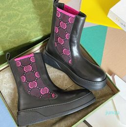 New Casual Shoes Fashion Flat Women's Boot com Jersey Black Calfskin Rubber Platform Letter Imprimir