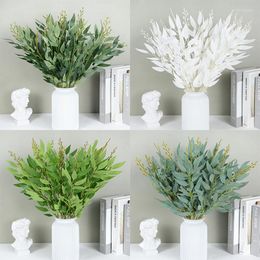 Decorative Flowers 1Bouquet Green White Artificial Plant Leaves Flower Bunches Silk Willow Foliage DIY Wreath Wedding Party Garden Home
