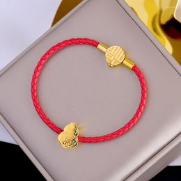 Link Bracelets High Quality Fashion 316L Stainless Steel China Red Leather Cord Bracelet Shiny Blessing Bangle Charm Wholesale Jewelry Women