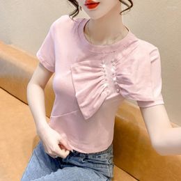 Women's T Shirts 2022 Summer Pearl Bow Knot Sweet Short-sleeved Tshirts Women Seasonal Fashion Cotton Tee Tops