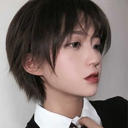 Hair Lace Wigs Wig Men and Women Qi Bangs Handsome Student Short Straight Hair Fake Men's Clothing Net Red Chemical Fibre Head Cover