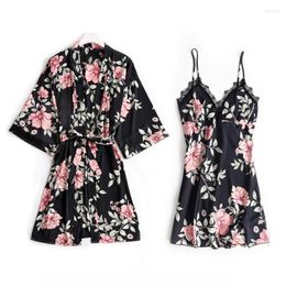 Women's Sleepwear Silky Nightdress Set Black Women 2PC Nightshirts V-Neck Pyjamas Print Homewear Wear Home Suit Negligee Robe Gown