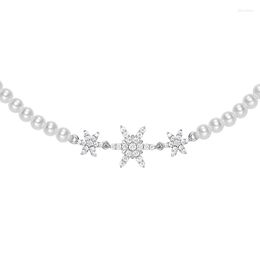 Chains Fashion Real 925 Sterling Silver Elegant Snowflake Pearls Necklace With Zirconia Women Fine Jewellery