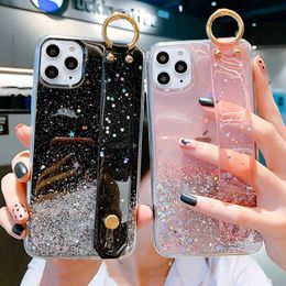 Bling Glitter Wrist Strap Phone Cases For iPhone 12 11 13 14 Pro Max XR XS Max X 7 8 Plus 11 13Pro 14 Soft Transparent Back Cover