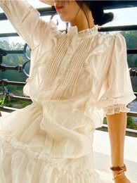 Women's Blouses Beige Elegant Loose Chic Shirt Hollow Out Summer Women Sheer Sexy Puff Sleeve Office Ladies Tops