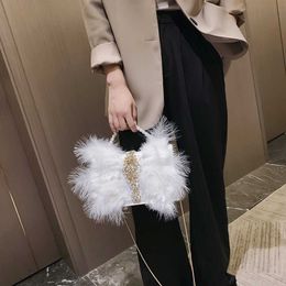 Evening Bags Turkey Ostrich Hair Slant Across Women's Bag Korean Fashion Pearl Chain Inlaid with Diamond Fur Dinner Fur Bag 220920