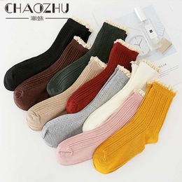 Socks Hosiery CHAOZHU Women Autumn New Fashion Lace Bamboo Solid Colours Cute Lady Long Fall Winter No Pilling T221102