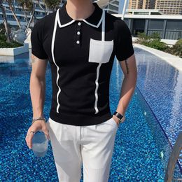 Men's Polos 2022 Man Stripped Ice Silk Knitting Polo Shirt Casual Cotton British Style Slim Men Short Sleeve High Quantity Tops 3XL